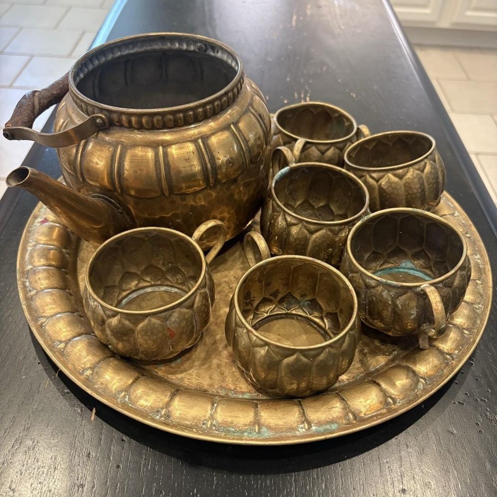 Vintage German Art Nouveau Hammered Brass Tea Set 8 Piece Teapot Cups Tray